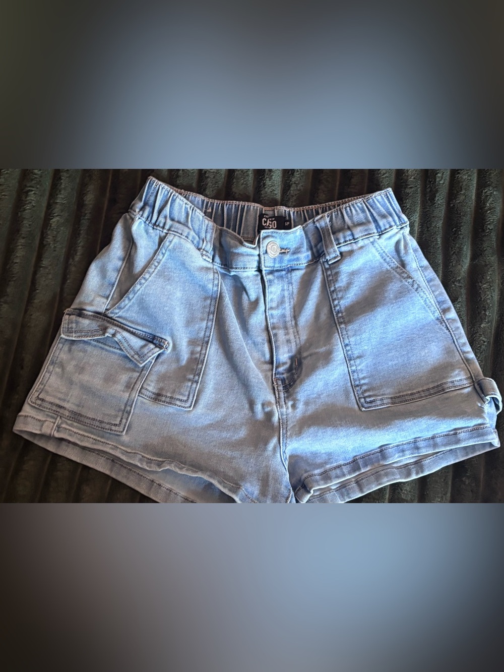 Cargo Light Blue Denim Shorts with Button Waist
